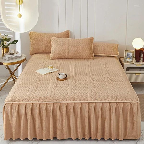 Saia de cama cor sólida leite veludo inverno colcha grossa casa estilo saia lençóis com fronha algodão minimalista spreads