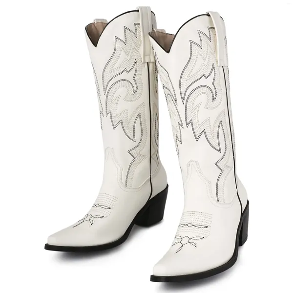 Botas Ippeum Bordado Cowboy para Mulheres Tendência 2024 Branco Western Cowgirl Mid Bezerro Prata Chunky Heel Shoes