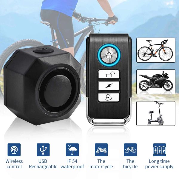 Kits Drahtloser Diebstahlschutz Schwarz Tragbarer Fahrradalarm mit Fernbedienung Fahrrad-/EBike-/Motorrad-Sicherheitsalarm mit wiederaufladbarem Vibrationssensor Alarm