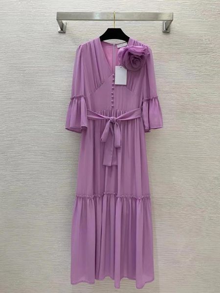 Abiti casual Abito da donna Stile primaverile ed estivo Spilla a fiore grande Decorazione Giunzione del bordo della foglia di loto Ricevi vita Mostra sottile scollo a V