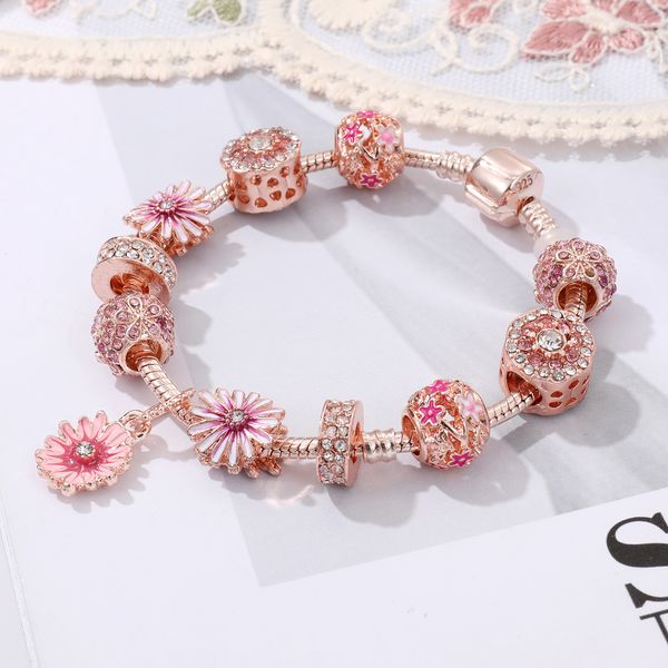 Novo atacado pequena margarida flor pulseira estilo grande buraco grânulo rosa ouro diy frisado pulseira marca designer jóias de luxo