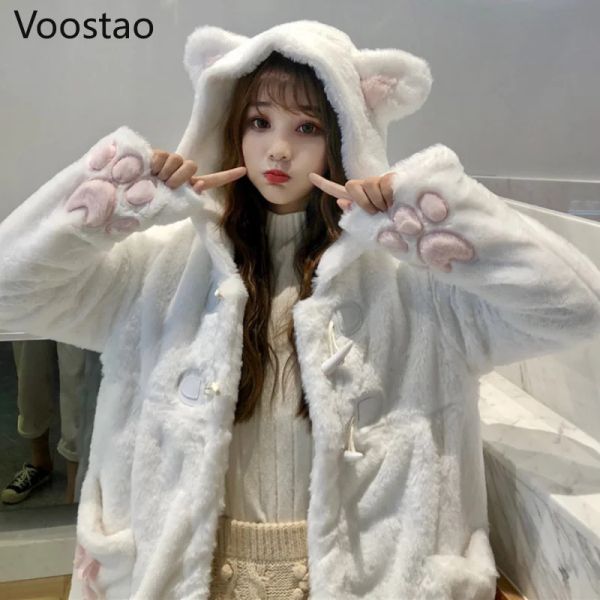 Parkas outono inverno jaqueta feminina lolita engrossado pelúcia branco casacos meninas kawaii orelhas de gato com capuz macio parkas branco tendência outerwear