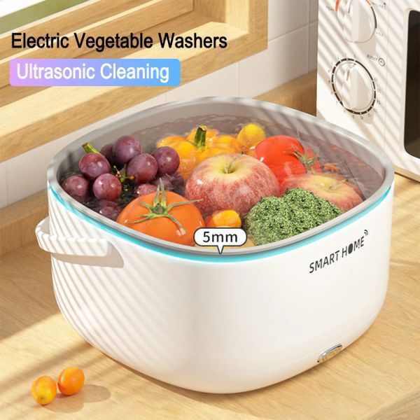 Waschmaschinen, Ultraschall-Gemüsewaschmaschine mit Griff, Lebensmittelkörner, Reinigungskorb, batteriebetriebene Küchenhelfer für Obstflaschen