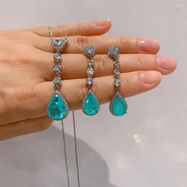 Collana di orecchini set goccioline d'acqua a forma di cuore pendente in pietra Paraiba nappa per donna 2024 gioielli di moda di lusso