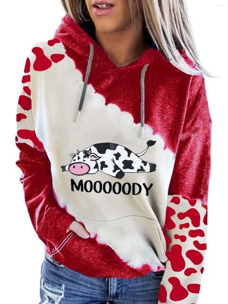 Hoodies femininos vermelho com capuz feminino bonito vaca impresso pulôver 2024 casual streetwear outono moletom com capuz solto plug bolso topo