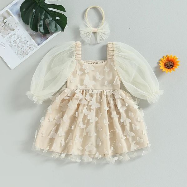 2-teiliges Kleid-Outfit für Kleinkinder, Kinder, Mädchen, Schmetterling, Prinzessin, lange Ärmel, A-Linie und Stirnband für Party, süße Kleidung 240223