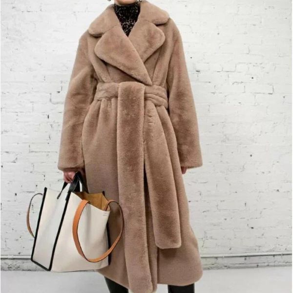 Frauen Pelz Faux Maxi Jacke Frauen Dicken Gürtel Herbst Winter Mantel Lange Warme Luxus Schwarz Parkas Bontjas Pelzige Oberbekleidung