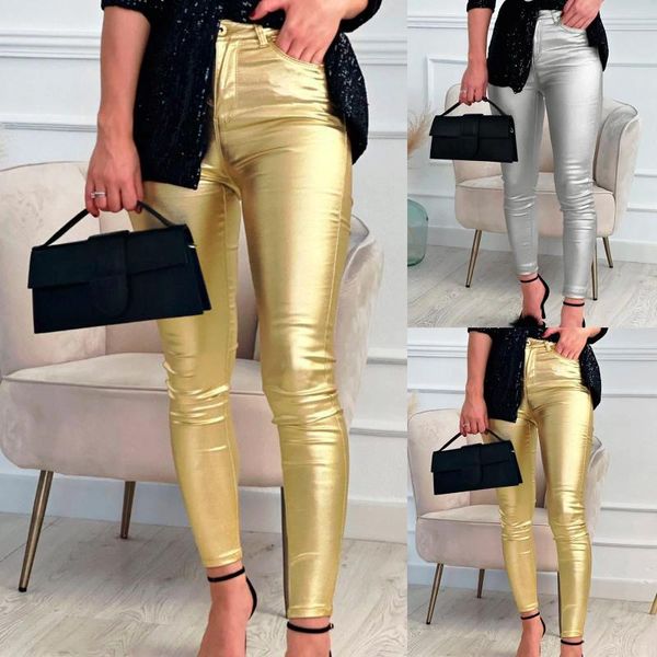 Pantaloni da donna Leggings elasticizzati a vita media in ecopelle sexy Pantaloni lunghi solidi con tasche Streetwear da donna