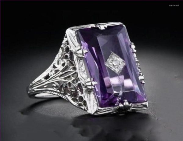 Eheringe, versilbert, rechteckige Form, natürlicher violetter Amethyst, Kristall-Fingerring für Verlobungsgeschenk, Schmuck 1851449