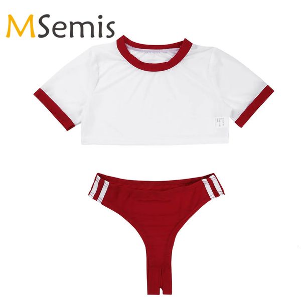 Body trasparente da ragazza della scuola delle donne Set di due pezzi di lingerie a maniche corte Top corto velato con cavallo aperto perizoma slip intimo 240227