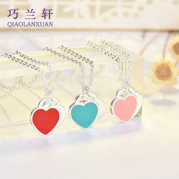 Qiaolanxuan simples amor óleo gotejamento esmalte vermelho azul rosa três cores em forma de coração t casa colar clavícula corrente jóias femininas