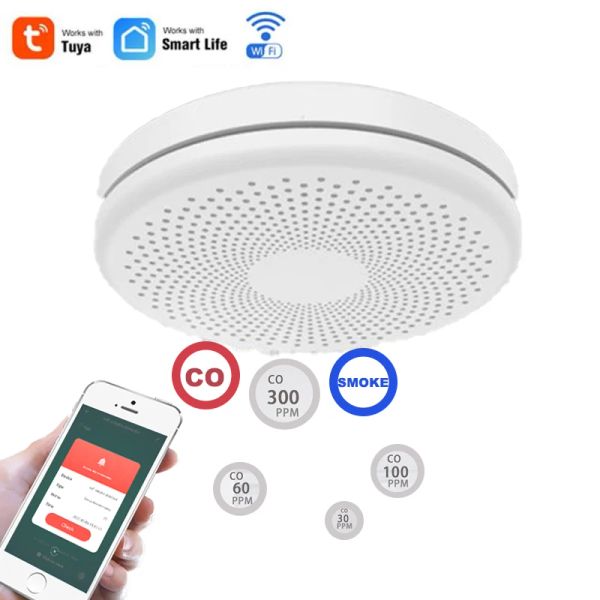 Rilevatore Tuya Alert WiFi Allarme fumo Protezione antincendio Combinazione Doppio sensore Rilevatore monossido di carbonio CO Rilevatore di sicurezza domestica alimentato a batteria