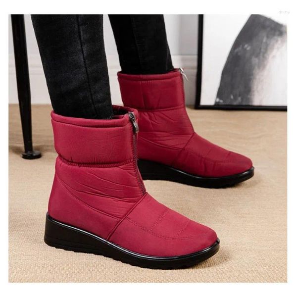 Botas femininas inverno vermelho casual neve quente meados de bezerro plano com tecido de algodão pelúcia redondo dedo do pé sólido zip