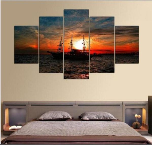 Arte da parede da lona quadros quadro cozinha restaurante decoração 5 peças mar pôr do sol barco sala de estar impressão posters2634958