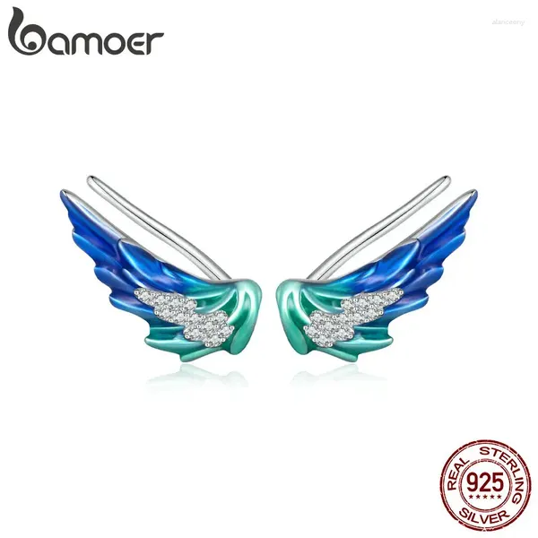 Stud Küpe Bamoer 925 STERLING Gümüş Guardian Wings Mavi Emaye Tüyü Kadınlar için Parti Güzel Takı BSE852