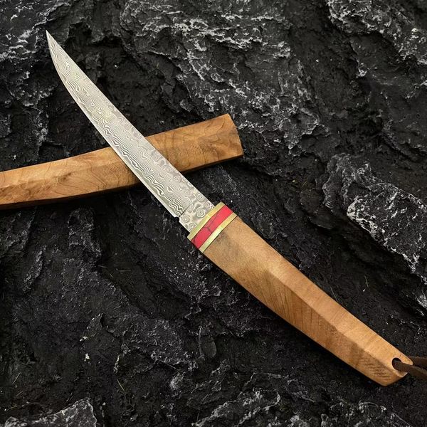 A2286 Coltello dritto VG10 In acciaio di Damasco Lama a punta affilata Manico in legno ombra Coltelli tattici a lama fissa per esterni con fodero in legno