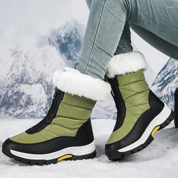 Botas de inverno à prova d'água para mulheres exército verde pele longa plataforma neve quente sapatos de algodão pelúcia tornozelo botas