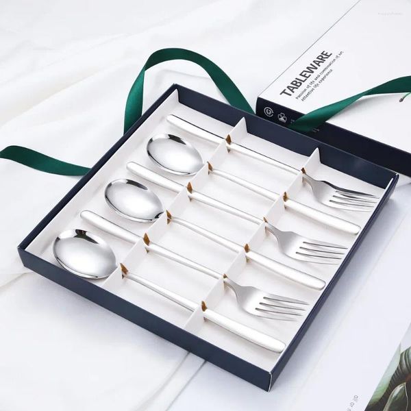 Conjuntos de louça 304 aço inoxidável utensílios de mesa estilo coreano faca garfo colher longo lidar com 6 peças conjunto caixa de presente itens de cozinha