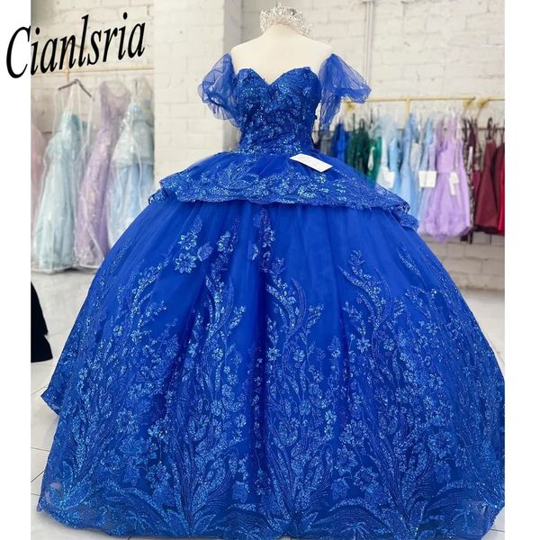 Azul real quinceanera vestidos querida fora do ombro applique vestido de baile doce 15 16 princesa pageant vestidos de baile