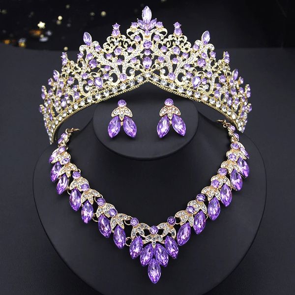 Luxo roxo cristal coroa conjunto de jóias de noiva princesa rainha rosa tiaras noiva brincos de casamento colar meninas dubai conjuntos 240220