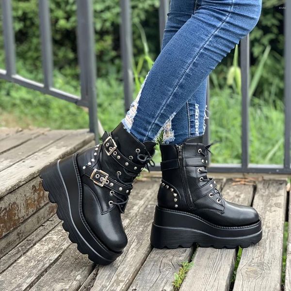 Stiefel Damen Schnürplattform Keilabsatz Seitlicher Reißverschluss Knöchel Punk-Stil Schuhe