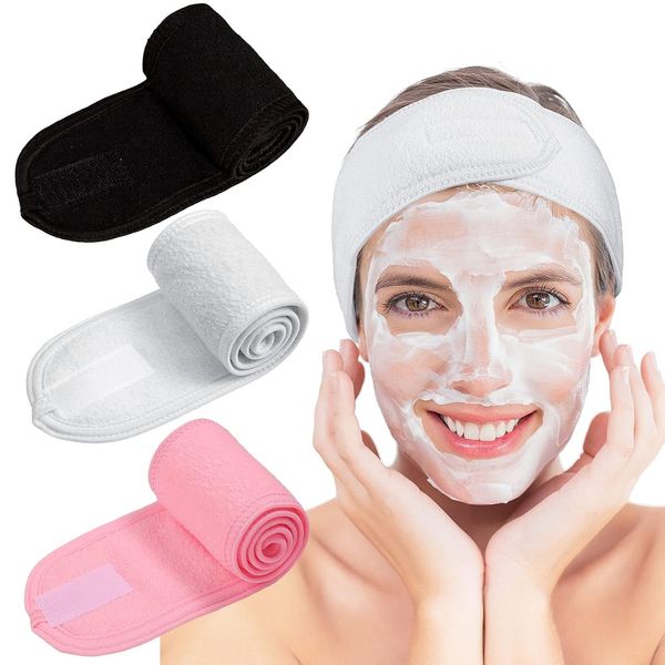 Spa Facial Make Up Head Terry Pano Toalha ajustável para lavagem de rosto, chuveiro, 3 peças (branco, preto, rosa)