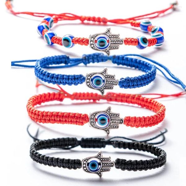 Charme pulseiras 1 pc mão trançada vermelho azul fio corda corda para mulheres homens maus olhos sorte desejo ajustável casal pulseiras