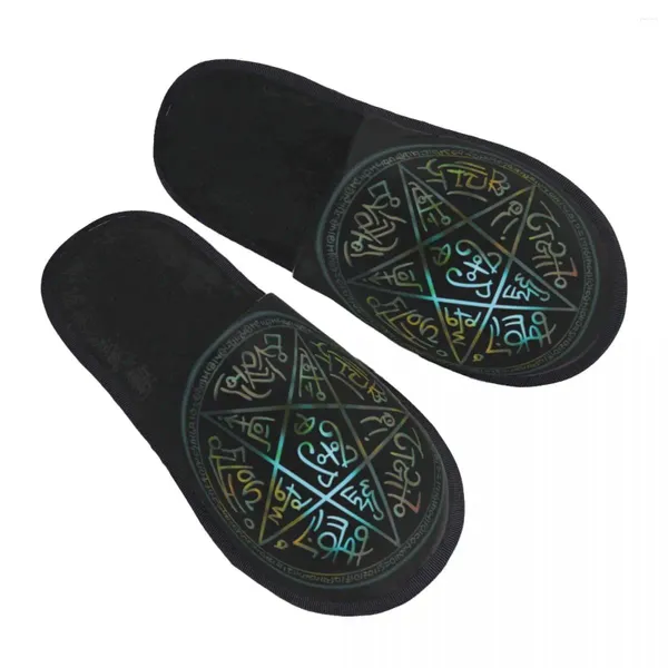 Домашние тапочки с блестками в стиле фэнтези, пятиконечная звезда, волшебный символ, вьетнамки, осенне-зимняя меховая плюшевая обувь