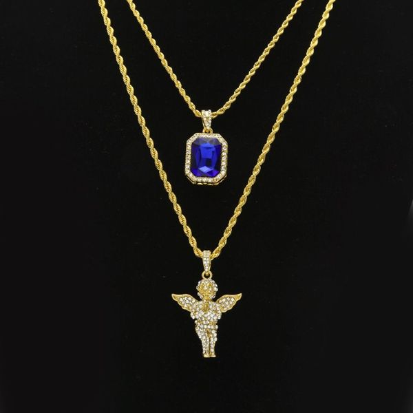 Mens Hip Hop Conjuntos de Jóias Mini Quadrado Ruby Sapphire Cristal Cheio de Diamante Asas de Anjo Pingente Colares de Corrente de Ouro Para Masculino Hiphop 2629