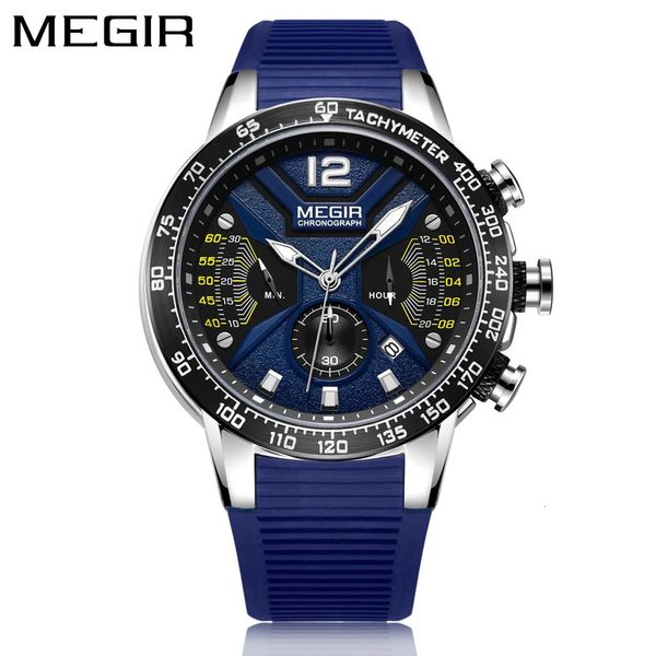 MEGIR Blaue Sportuhren für Herren, Silikonband, Chronograph, wasserdicht, leuchtend, modisch, lässig, Quarz-Armbanduhr, Herren 2106 240220