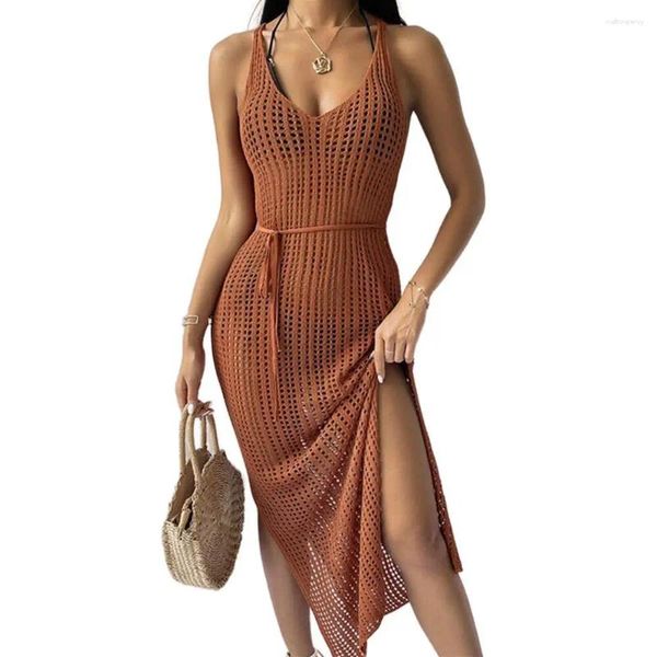 Costumi da bagno da donna Abito all'uncinetto Coprispalle Donna Abiti con cinturino per spaghetti Abiti estivi Solido lavorato a maglia Hollow Sexy Beach Bikini Up Vestidos