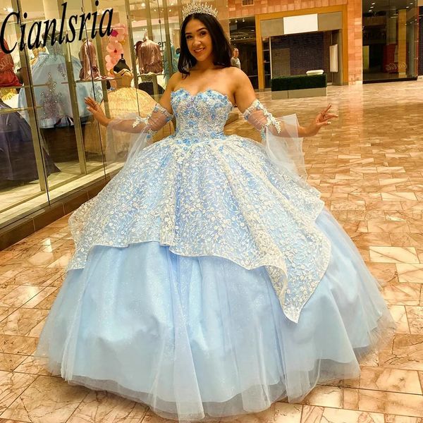 Abito da ballo con volant in pizzo azzurro con scollo a cuore Abiti stile Quinceanera Manica staccabile Fiori 3D Corsetto Abiti da 15 anos