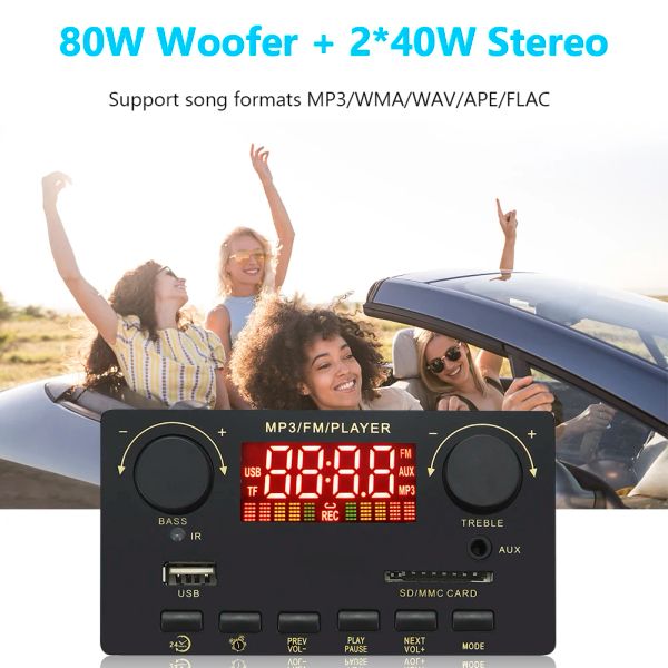 Jogadores 2 * 40W Amplificador Bluetooth 5.0 Áudio de carro USB TF Módulo de rádio FM MP3 Player WAV Decoder Board 12V Suporte Handsfree Call Record