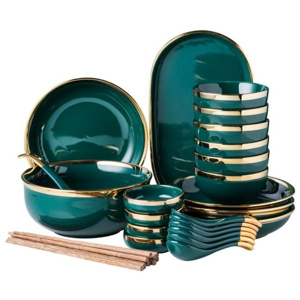 Pratos de jantar cerâmica conjunto louça pratos luxo verde comida sobremesa placa salada sopa tigela talheres conjunto para restaurante hotel