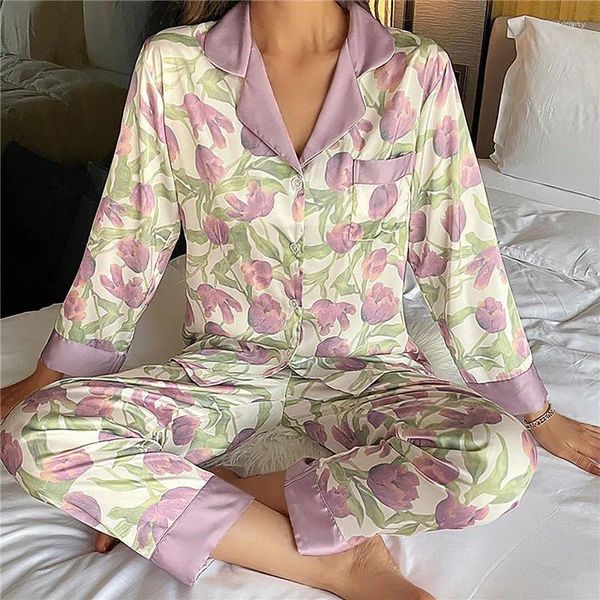 Mulheres sleepwear pijamas de seda gelo mulheres 2024 primavera outono lapela pintada terno manga longa calças 2 peças conjunto casa roupas pijamas