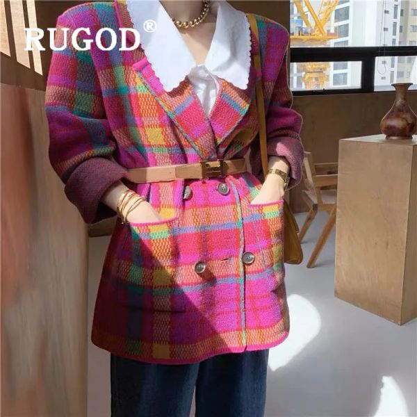 Blazer Rugod Fashion grenato rosa rosa a quadri a quadri in maglia coreano elegante collare tacche di taglio vintage giacca vintage autunno autunno abiti da donna inverno