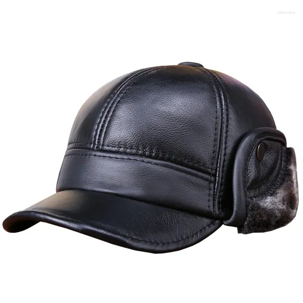 Ball Caps Männer Echtes Leder Hut Männlichen Winter Warme Kappe Erwachsene Ohr Schutz Baseball Pelz Futter B-0592