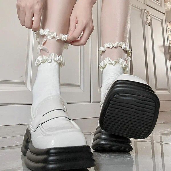 Kadın Çoraplar Siyah Beyaz JK Dantel Lolita Seksi Yüksek Tüp Uyluk Diz Çorap Kadın Uzun Bowknot Japon Tarzı Ultra İnce Çorap