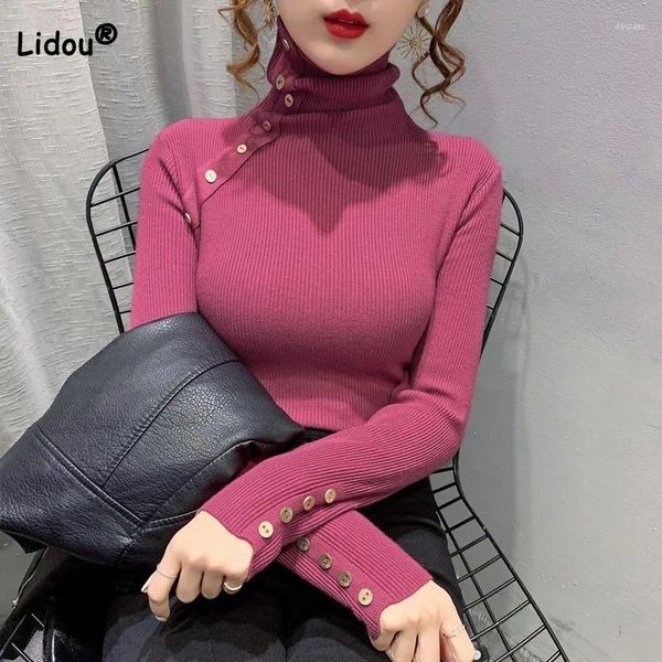 Kadın Sweaters Kore Düğmesi Patchwork Sadelik Örme Kıyafetler Sonbahar Kış Kış Düz Renk İnce Seksi Yurböceği T-Shirt