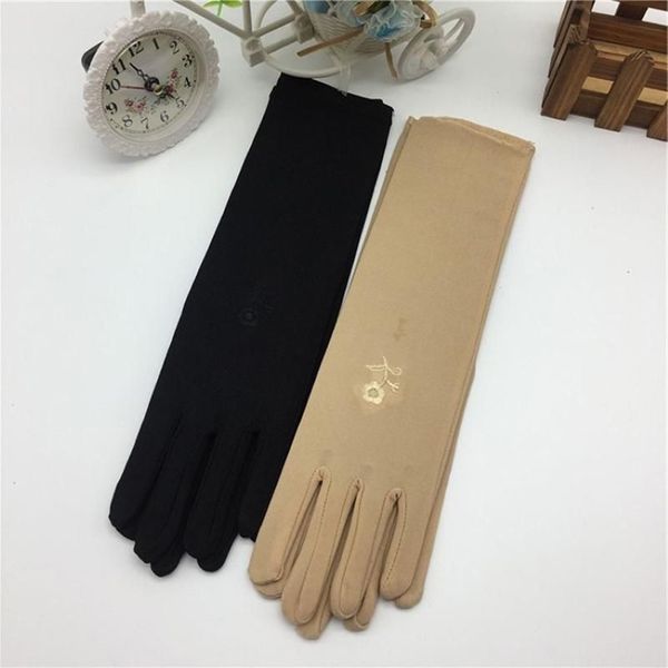 Fünf Finger Handschuhe Dame Mittellange dünne elastische Etikette Sommer Frauen Sonnencreme bestickt Fahren Auto Zubehör287S