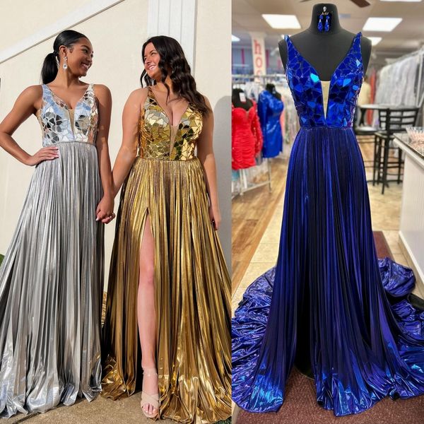 Vestido de baile metálico dourado brilhante, corte de vidro, espelho, miçangas, longo, inverno, evento formal, vestido de festa, decote em V, saia, fenda, prata azul real, tapete vermelho, desfile do Oscar Gala