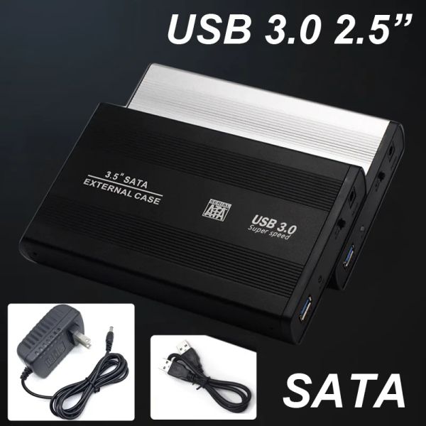 Scatole da 3,5 pollici USB 3.0 Hard Drive Disk HDD Custodia esterna Box Case Caddy in alluminio Sata + cavo + caricabatterie AC DC 12v 2A