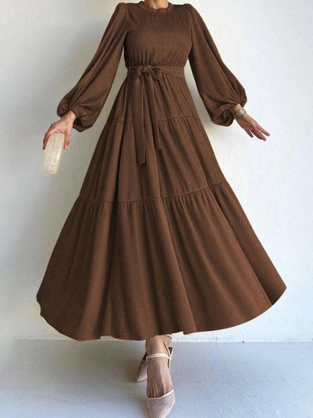Abbigliamento etnico Eid Abaya musulmano per le donne Abito con lacci Manica lunga Colletto alla coreana Dubai Robe Party Abiti Abaya 2024