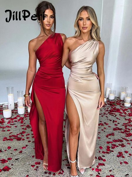 Lässige Kleider JillPeri Satin One Shoulder Sexy Maxi Partykleid Frauen High Slit Nacht Outfits Hochzeit Gast Damen Abend