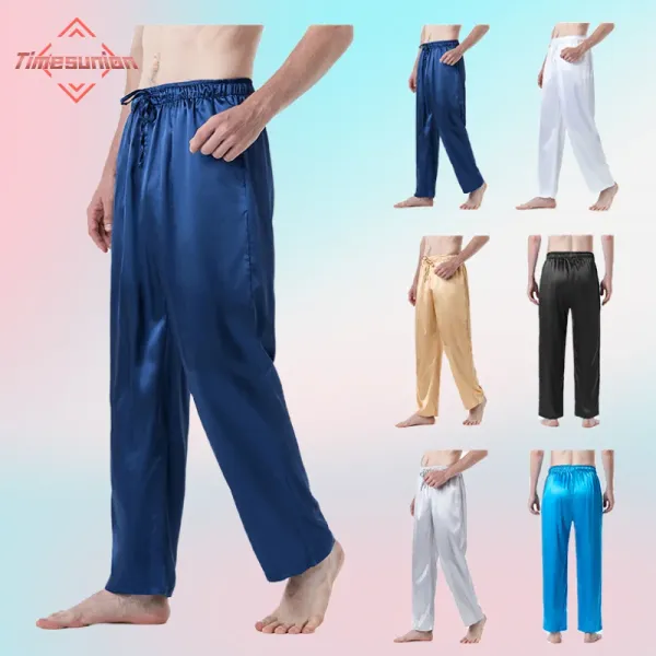 Свободные мужские ночные рубашки, длинные брюки, топы для сна, брюки из тонкого ледяного шелка Pamas, мужская однотонная одежда для сна