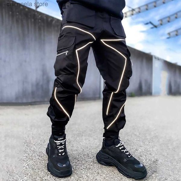 Herrenhose Jogger Cargohose Reflektierende Streifen Mode Streetwear Hip Hop Jogginghose Schwarz Weiß Patchwork Hipster Herrenhose T240227