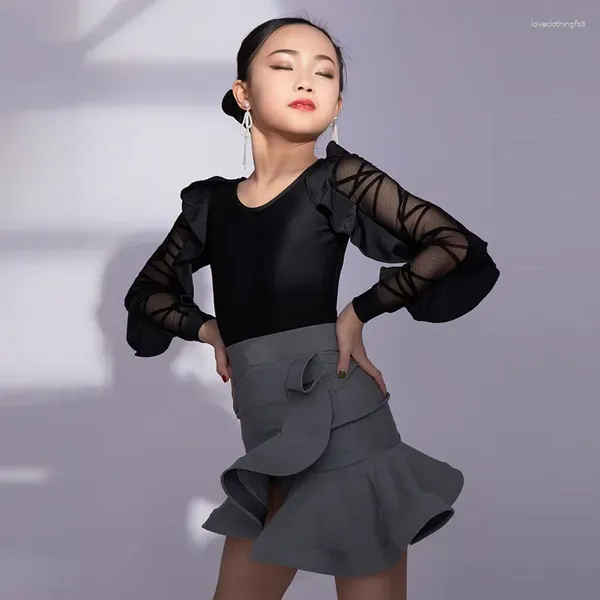 Stage Wear 2024 Outono / Inverno Vestido de Dança Latina Mulheres Crianças Preto Terno de Treinamento Profissional Conjunto de Desempenho Avançado