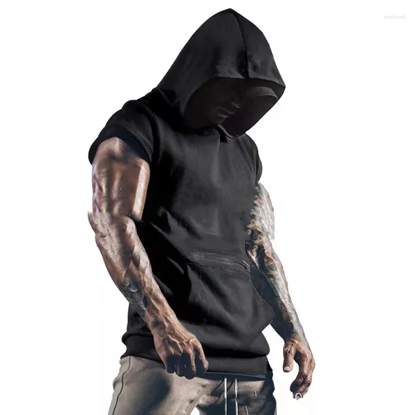 Regatas masculinas colete esportivo com capuz sem mangas camiseta com zíper bolso hip hop streetwear treino elástico para homens roupas de camisola