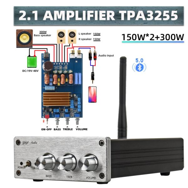 Alto-falantes HIFIDIY Máquina de produto acabado 2.1 Subwoofer Amplificador de alto-falante TPA3255 Áudio 150W * 2 + 300W Sub AMP Independente Bluetooth 5.0