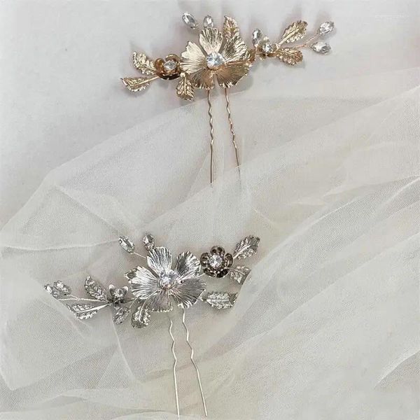 Grampos de cabelo Vintage Metal Flores Nupcial Hairpin Cor Dourada Folha Acessórios de Casamento Strass Tiara Jewely